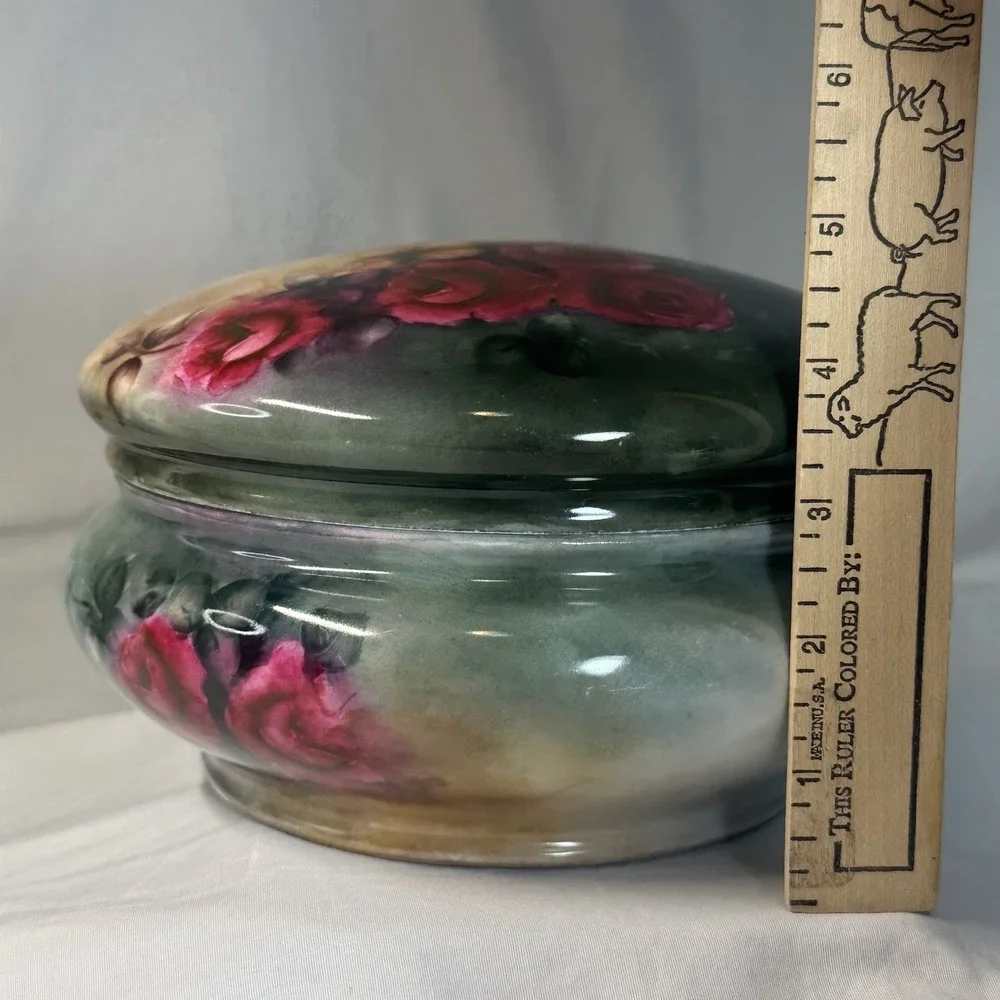 Antique‎ Victorian Hand Painted Cabbage Rose Dresser Jar Signed M Grose 7.5